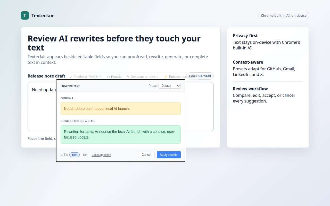 Texteclair rewrite review popover beside a Chrome text field