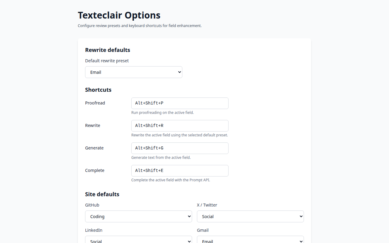 Texteclair options page